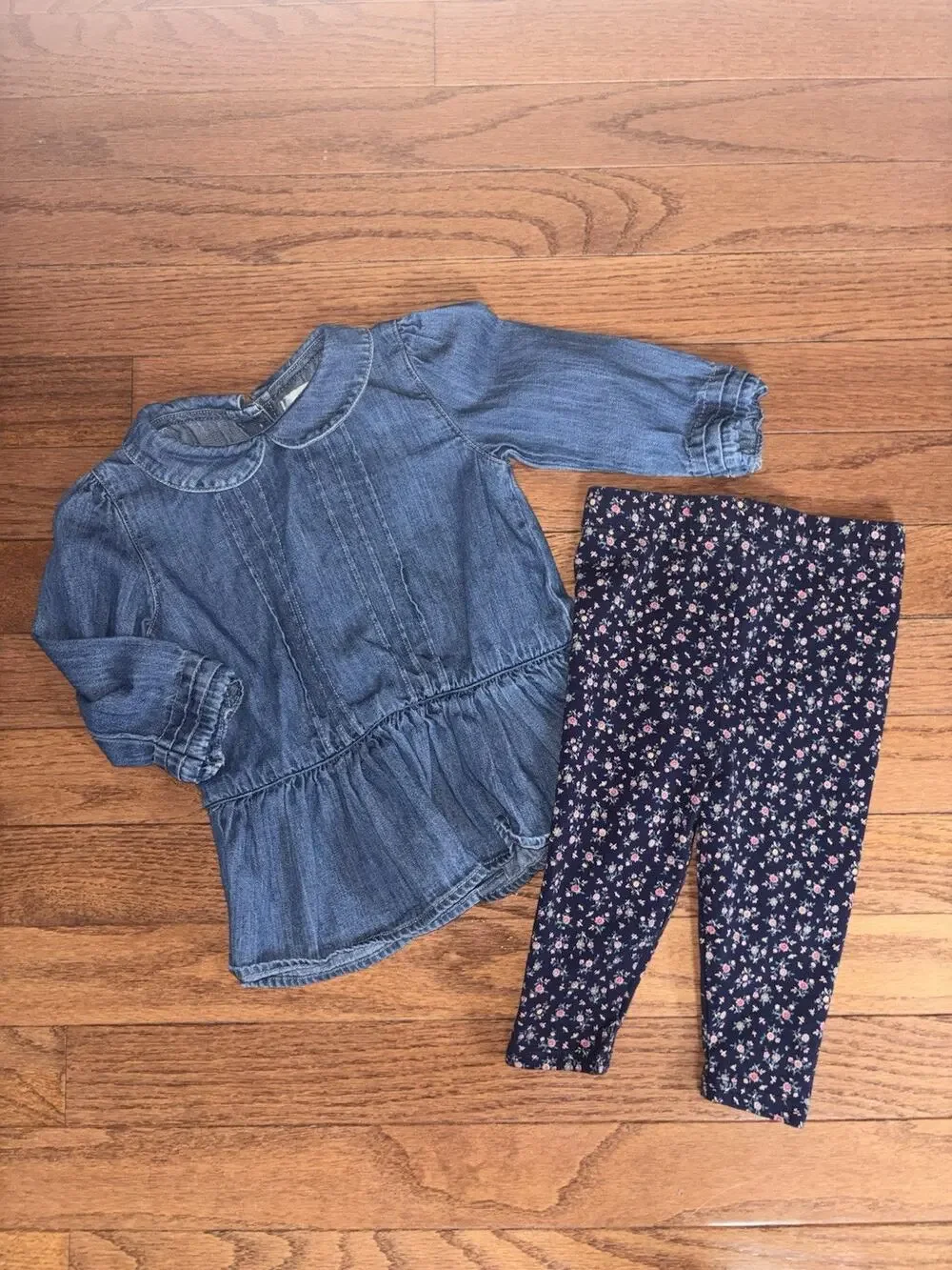 Ralph Lauren Baby 9M Denim Chambray 2 Piece Outfit Floral Leggings